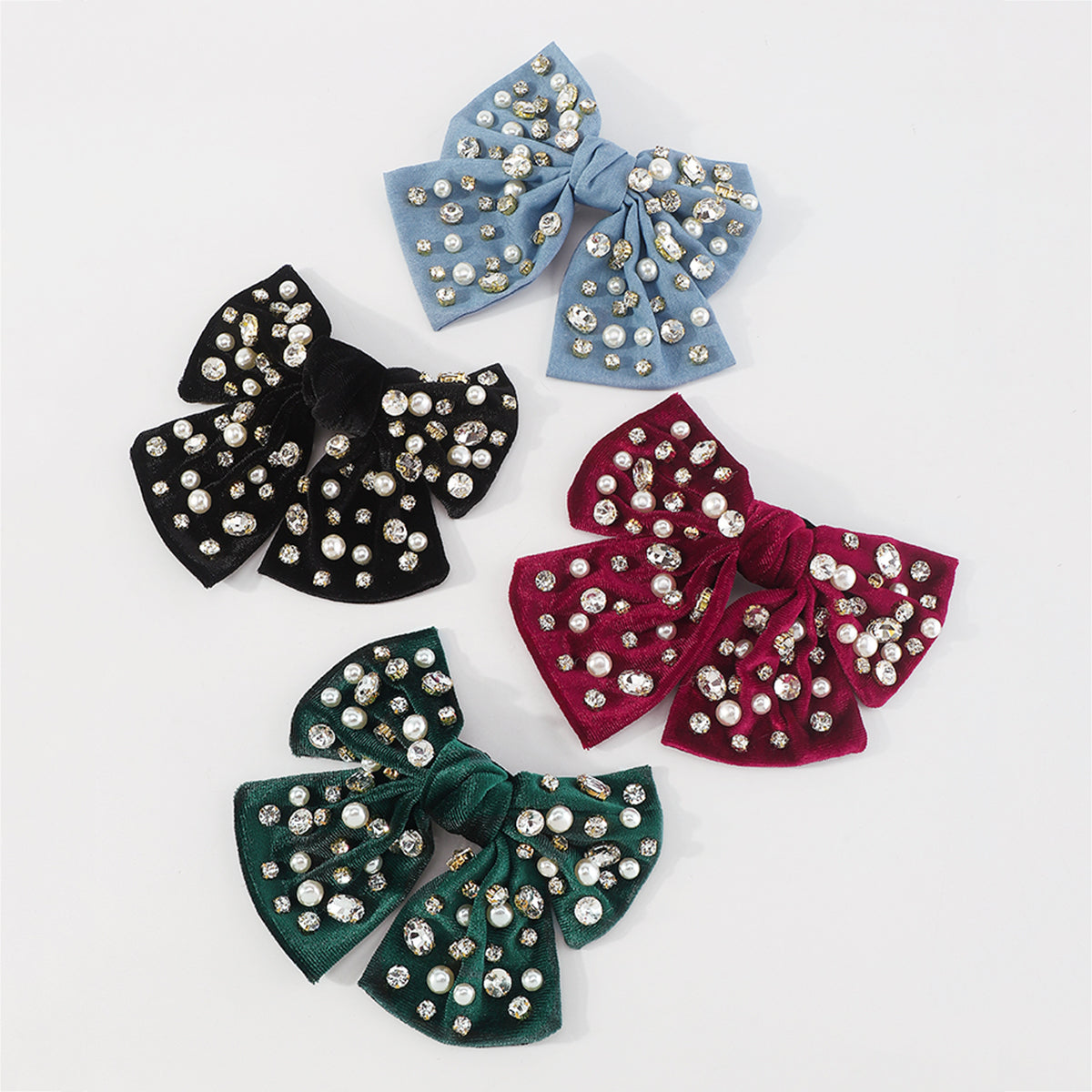 F2780 Rhinestone Pearls Velvet Bowknot Hair Clips
