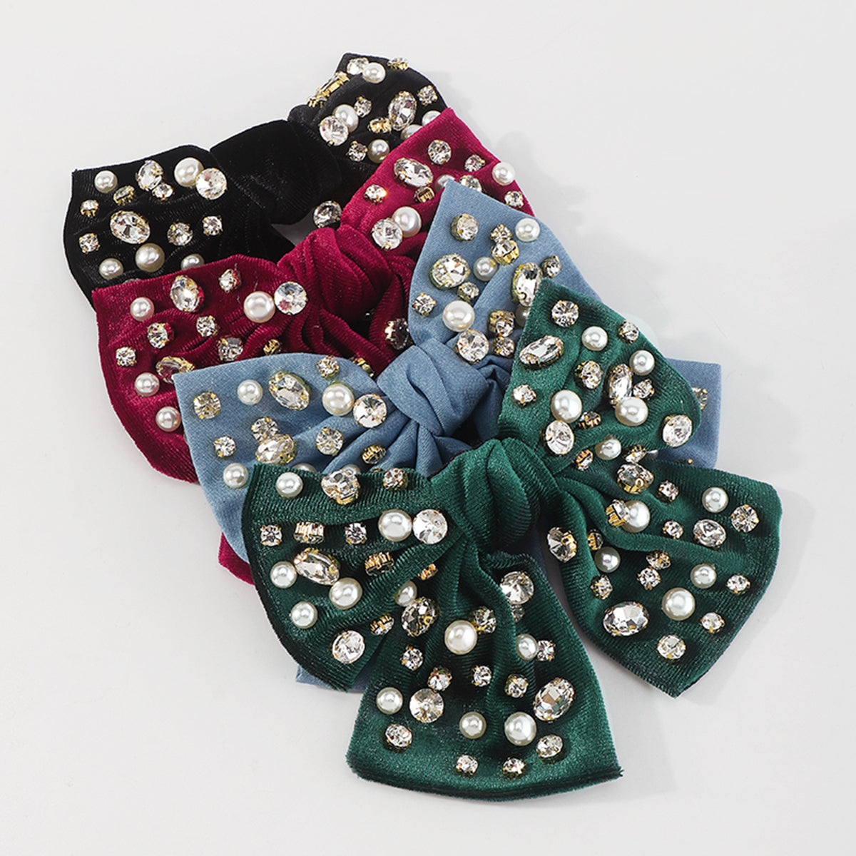 F2780 Rhinestone Pearls Velvet Bowknot Hair Clips