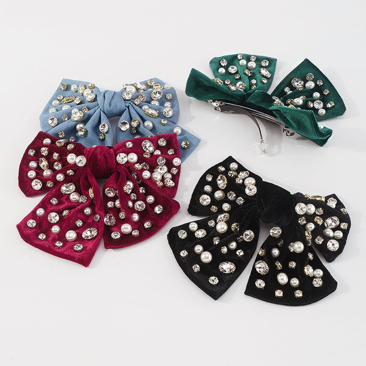 F2780 Rhinestone Pearls Velvet Bowknot Hair Clips