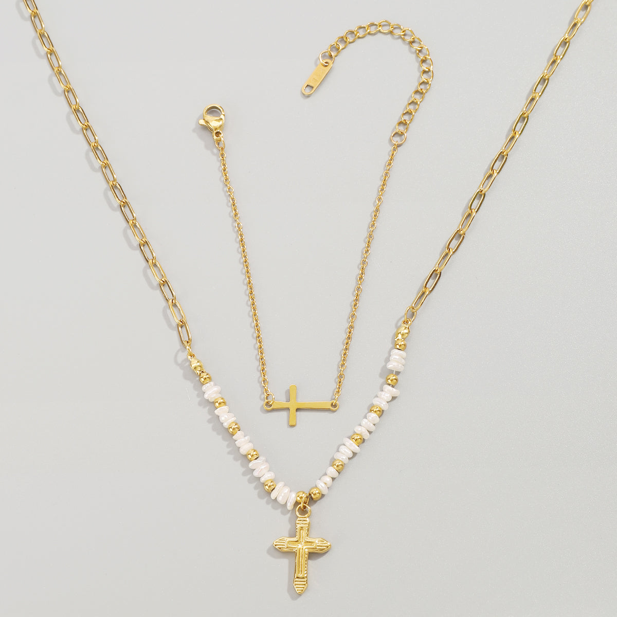ZN0204 18K Gold Plated Pearl Chain Cross Pendant Necklace