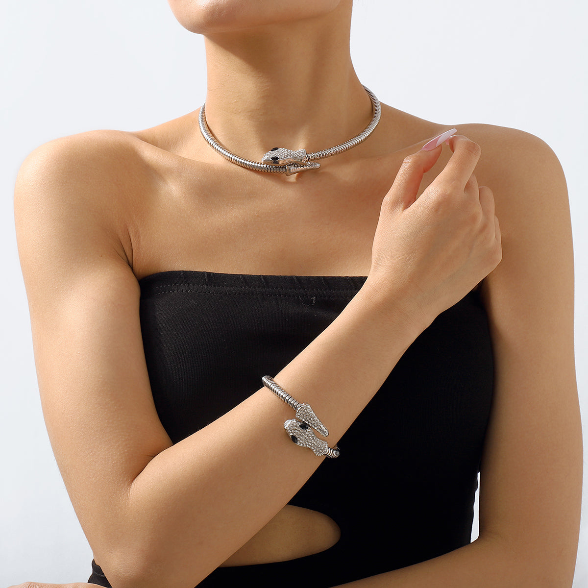 B2063 Gold & Silver Rhinestone Snake Bangle Bracelet