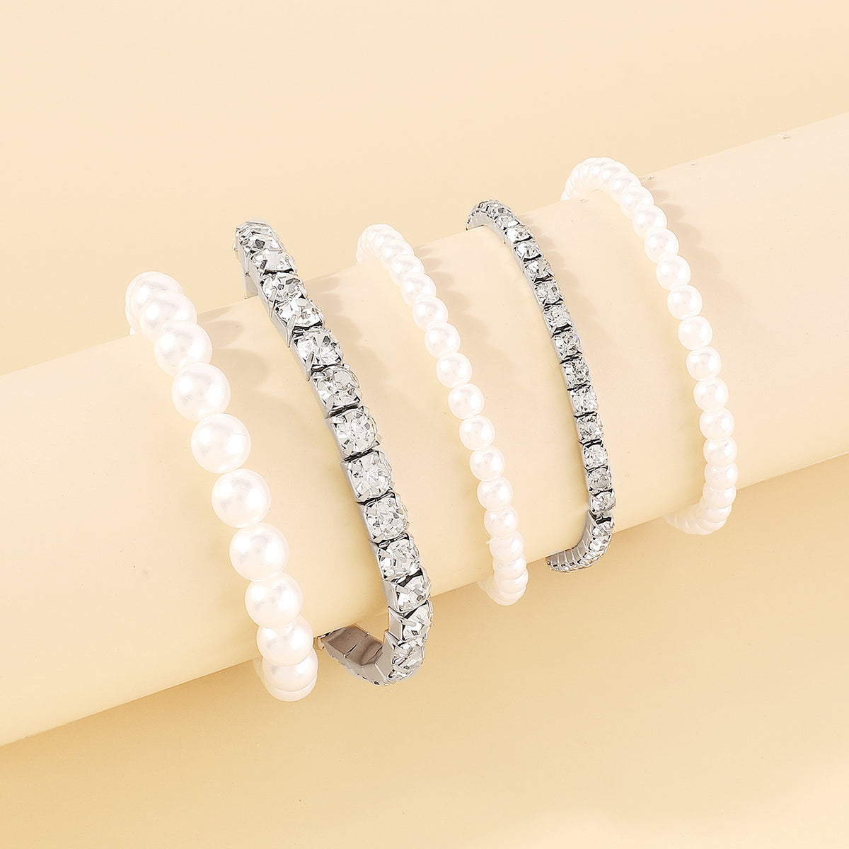 B2113 Rhinestone Pearl Elastic Bracelet Set