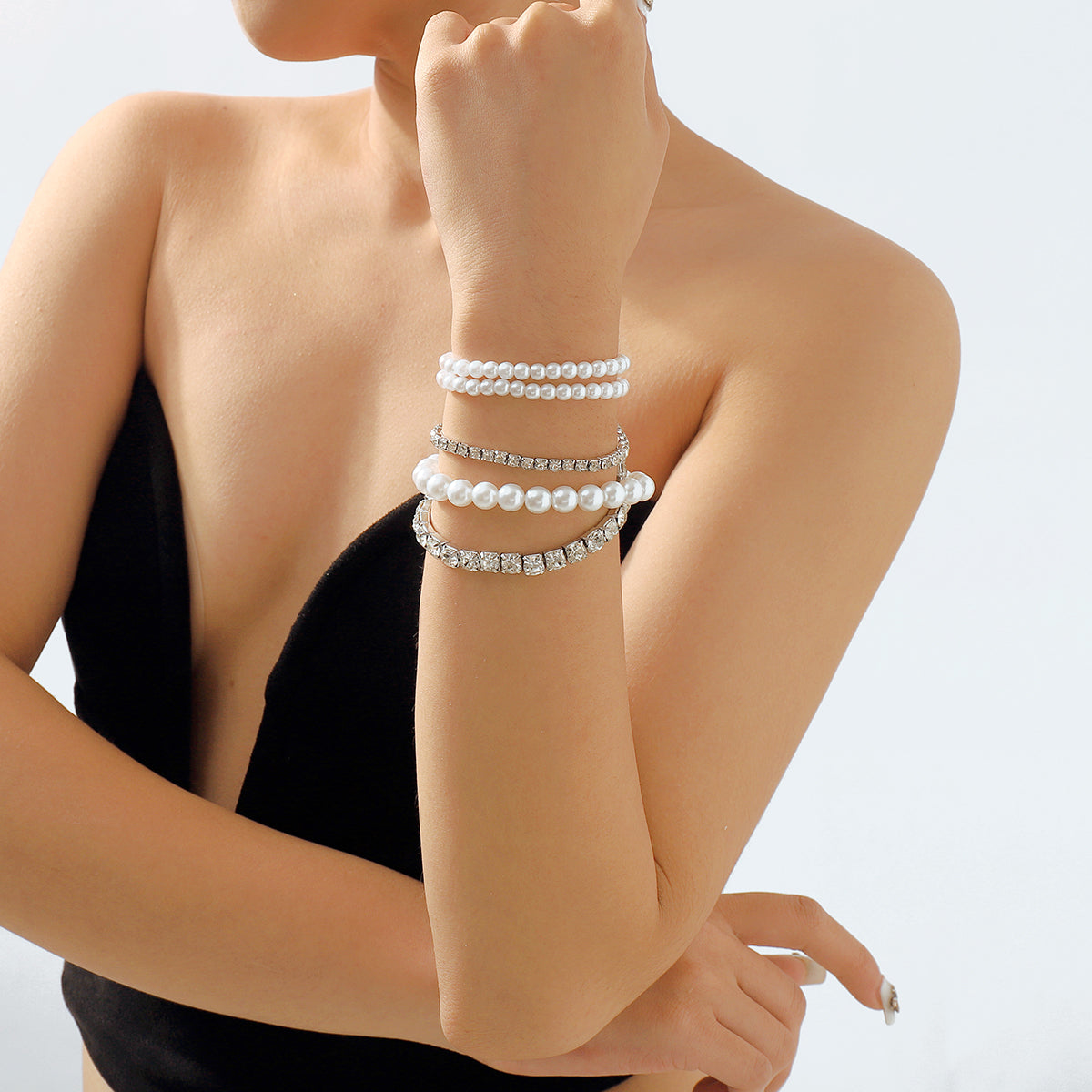 B2113 Rhinestone Pearl Elastic Bracelet Set