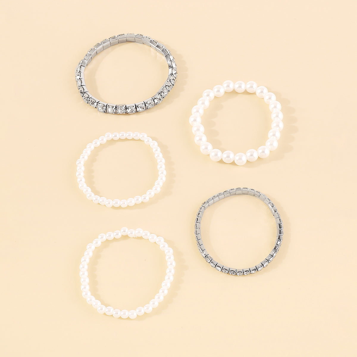 B2113 Rhinestone Pearl Elastic Bracelet Set