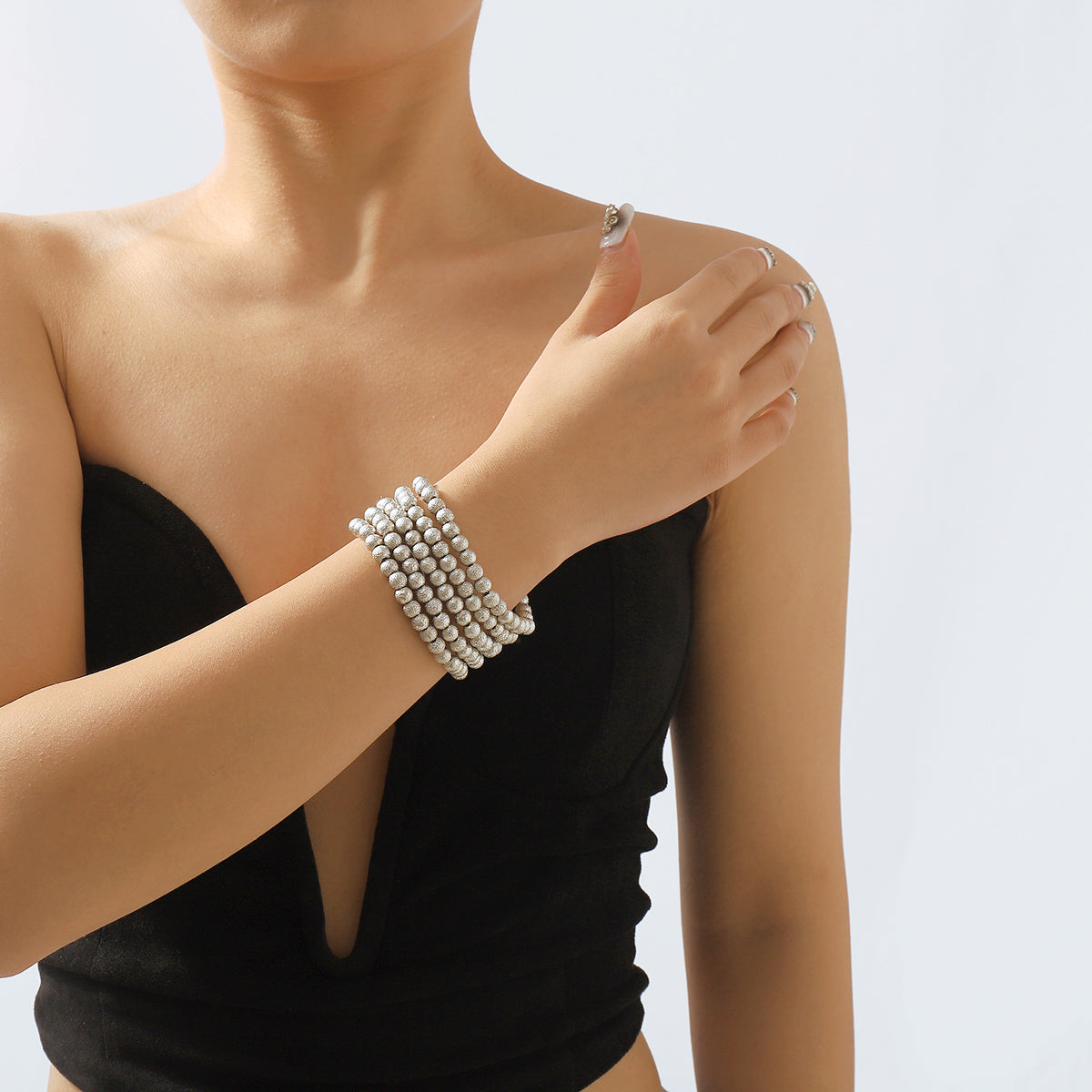 B2147 Gold & Silver Textured Beaded Bracelet Set