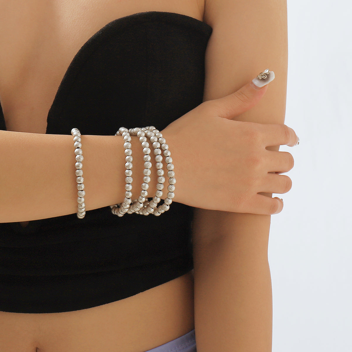 B2147 Gold & Silver Textured Beaded Bracelet Set
