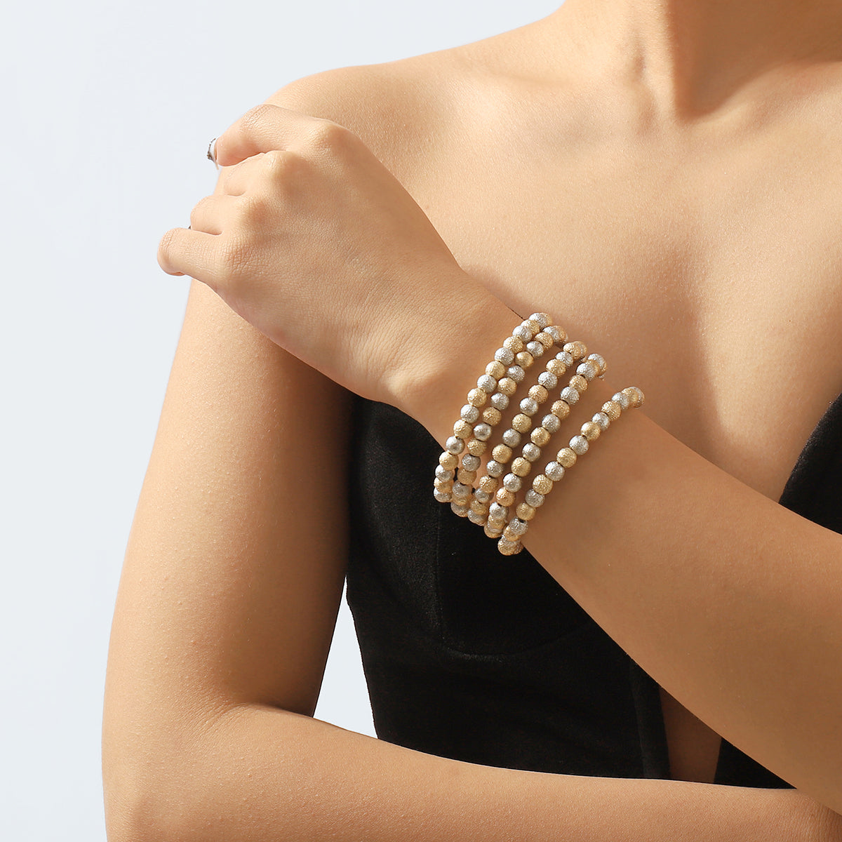 B2147 Gold & Silver Textured Beaded Bracelet Set