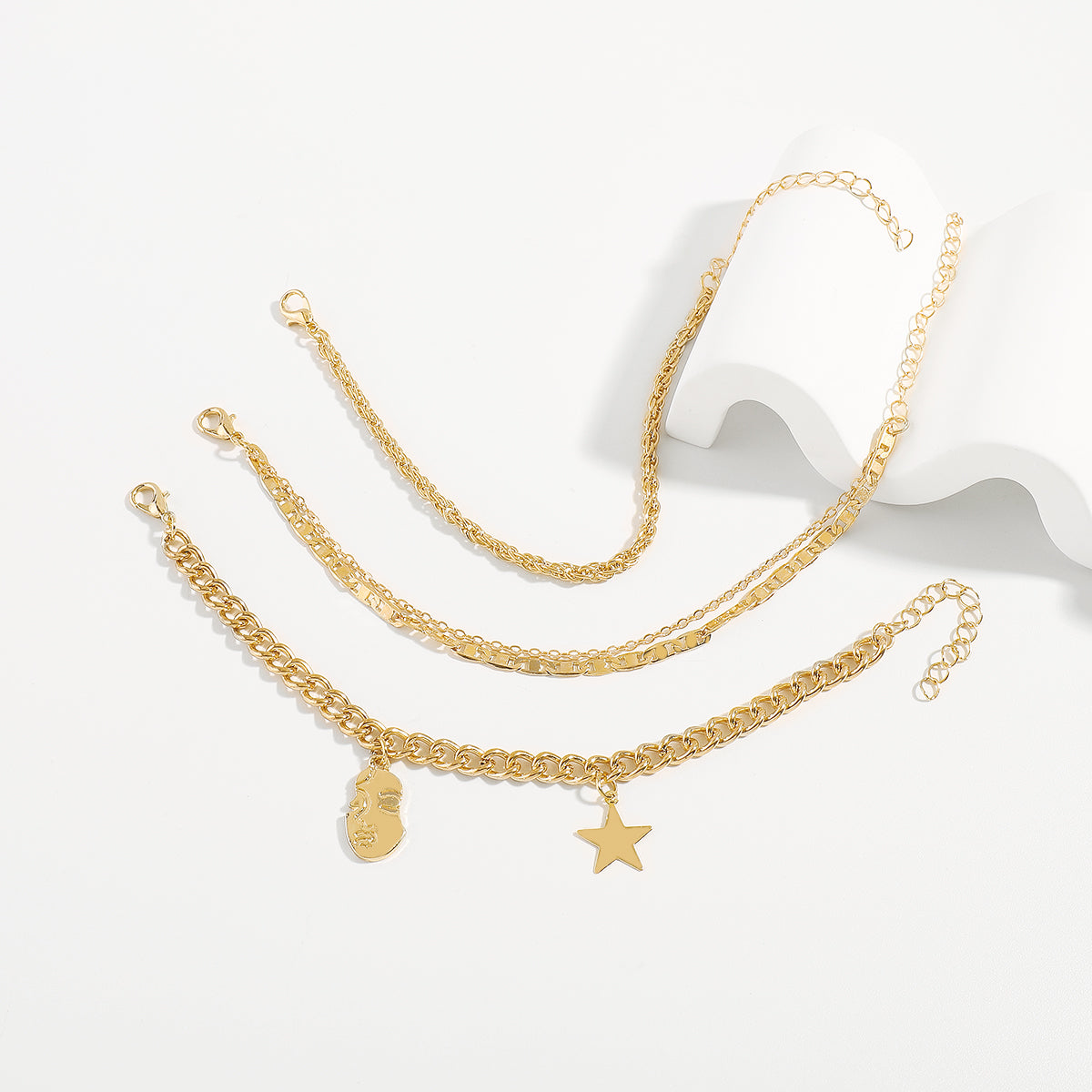 B2221 Face Star Charm Chain Bracelet Set