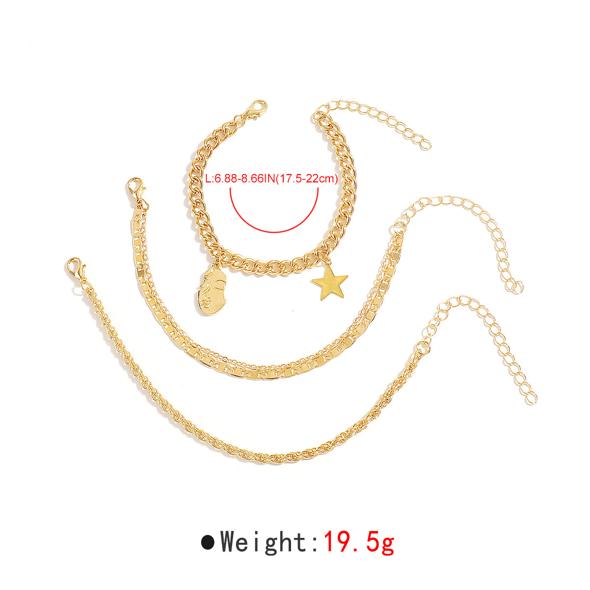 B2221 Face Star Charm Chain Bracelet Set