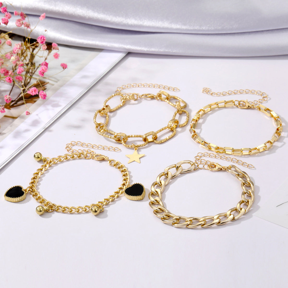 B2227 Stacked Heart Star Link Chain Bracelet Sets