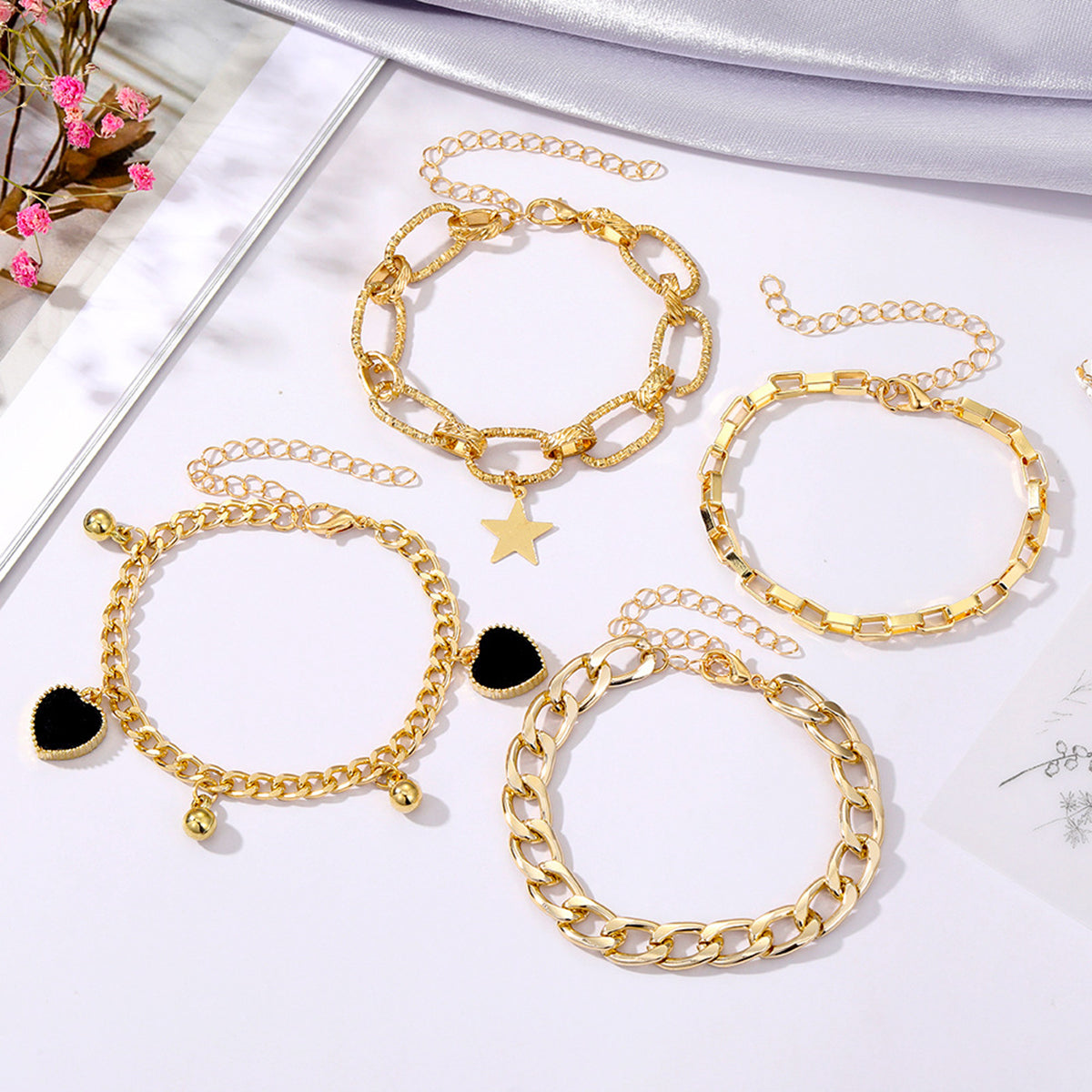 B2227 Stacked Heart Star Link Chain Bracelet Sets