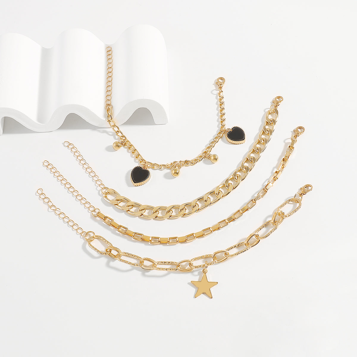 B2227 Stacked Heart Star Link Chain Bracelet Sets