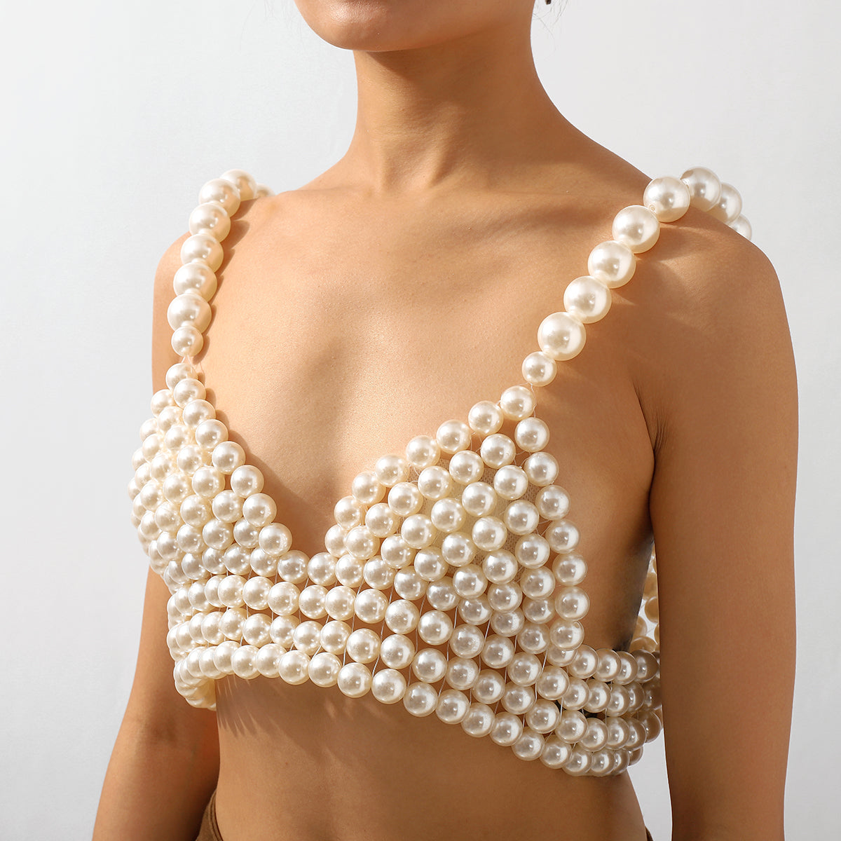 C0435 Handmade Pearl V-neck Chain Bralette