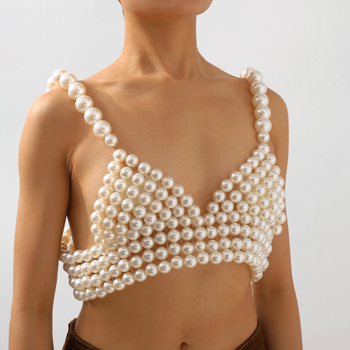 C0435 Handmade Pearl V-neck Chain Bralette