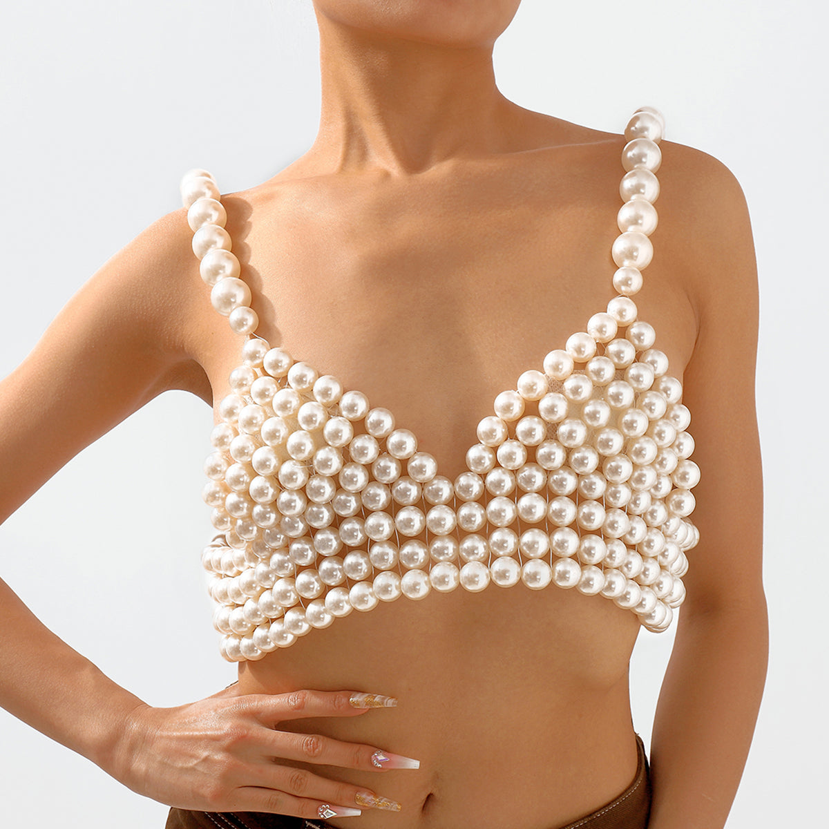 C0435 Handmade Pearl V-neck Chain Bralette
