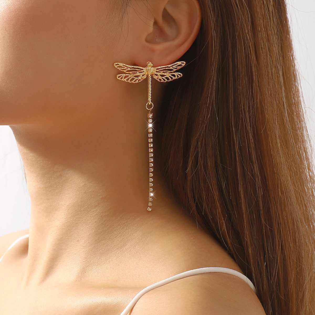 E11359 Metal Dragonfly Long Dangle Earrings