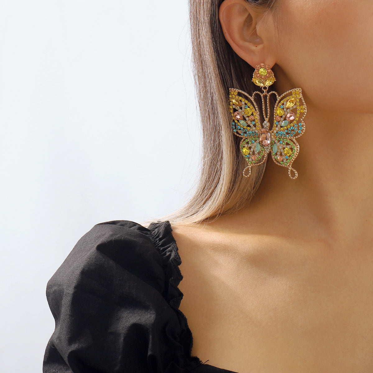 E11376 Sparkling Large Rhinestone Butterfly Drop Earrings
