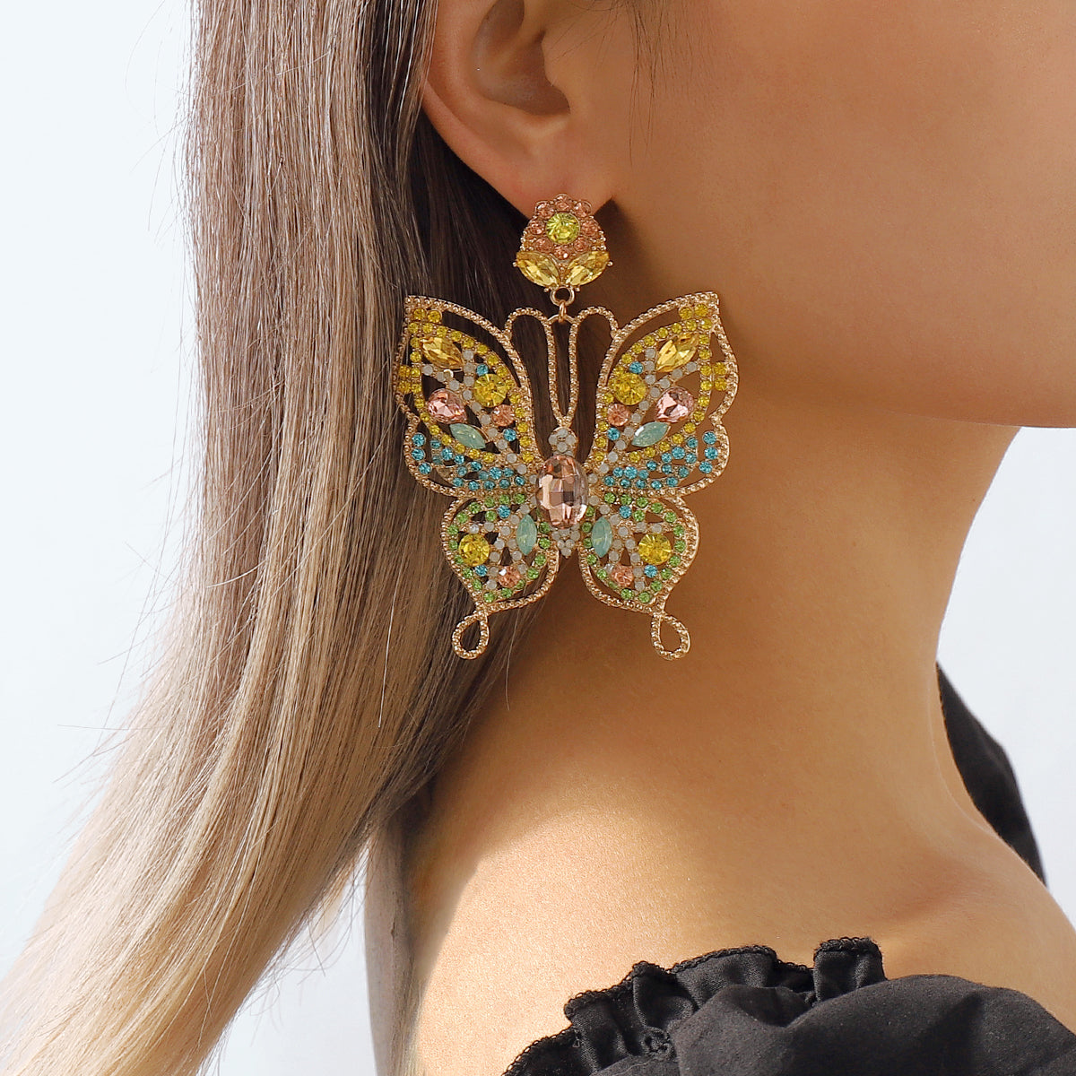 E11376 Sparkling Large Rhinestone Butterfly Drop Earrings