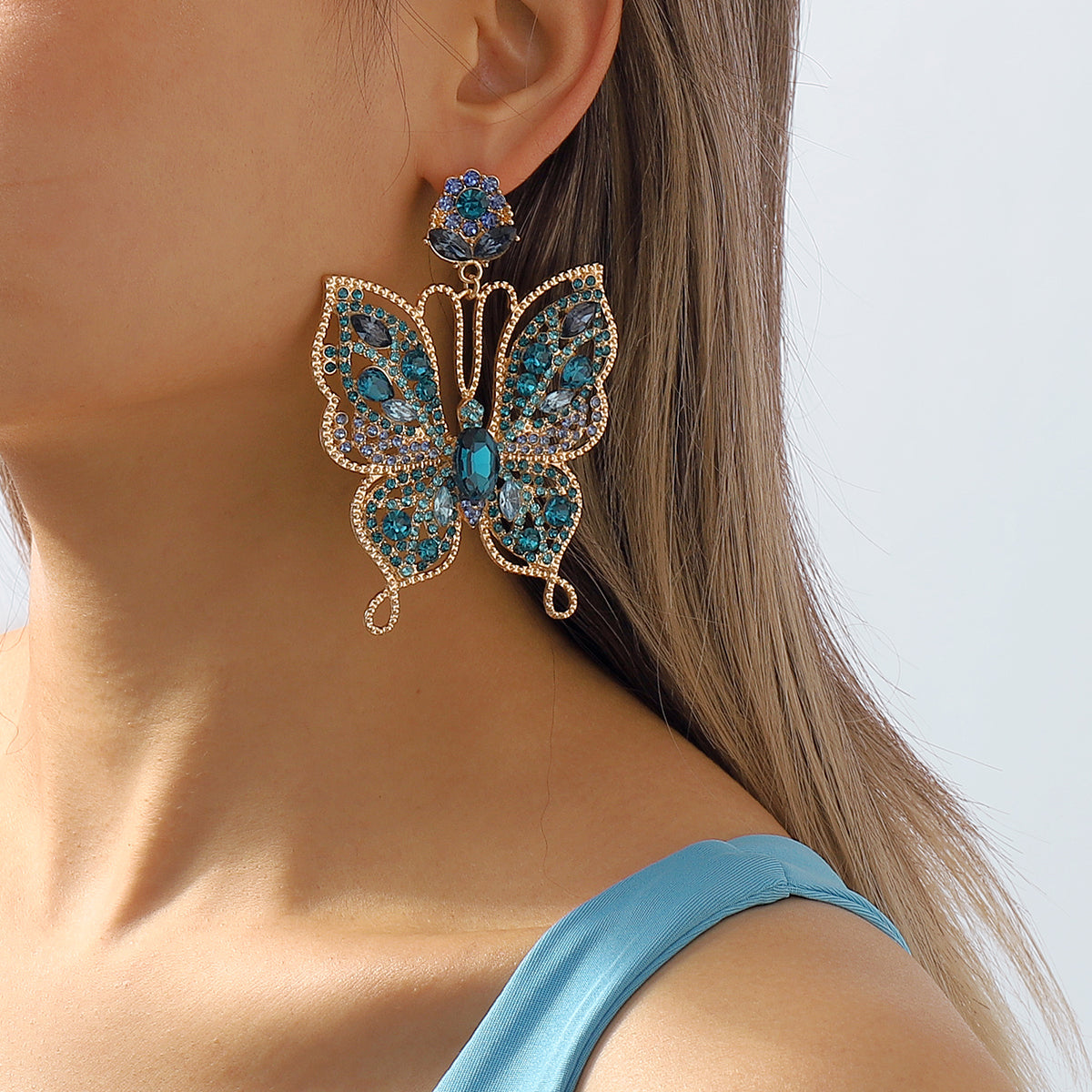 E11376 Sparkling Large Rhinestone Butterfly Drop Earrings