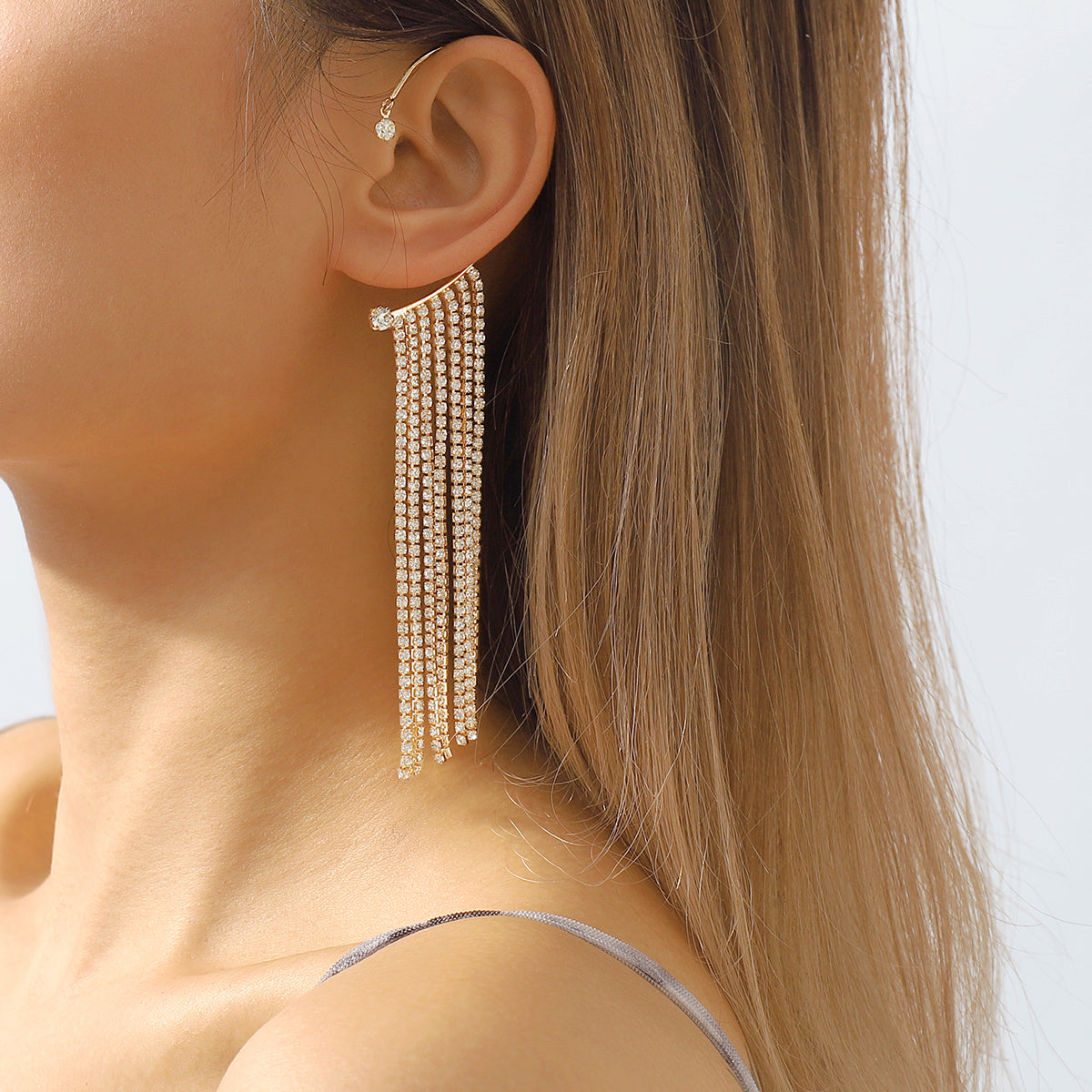 E11582 Long Tassel Rhinestone Ear Cuff Hanging Earrings