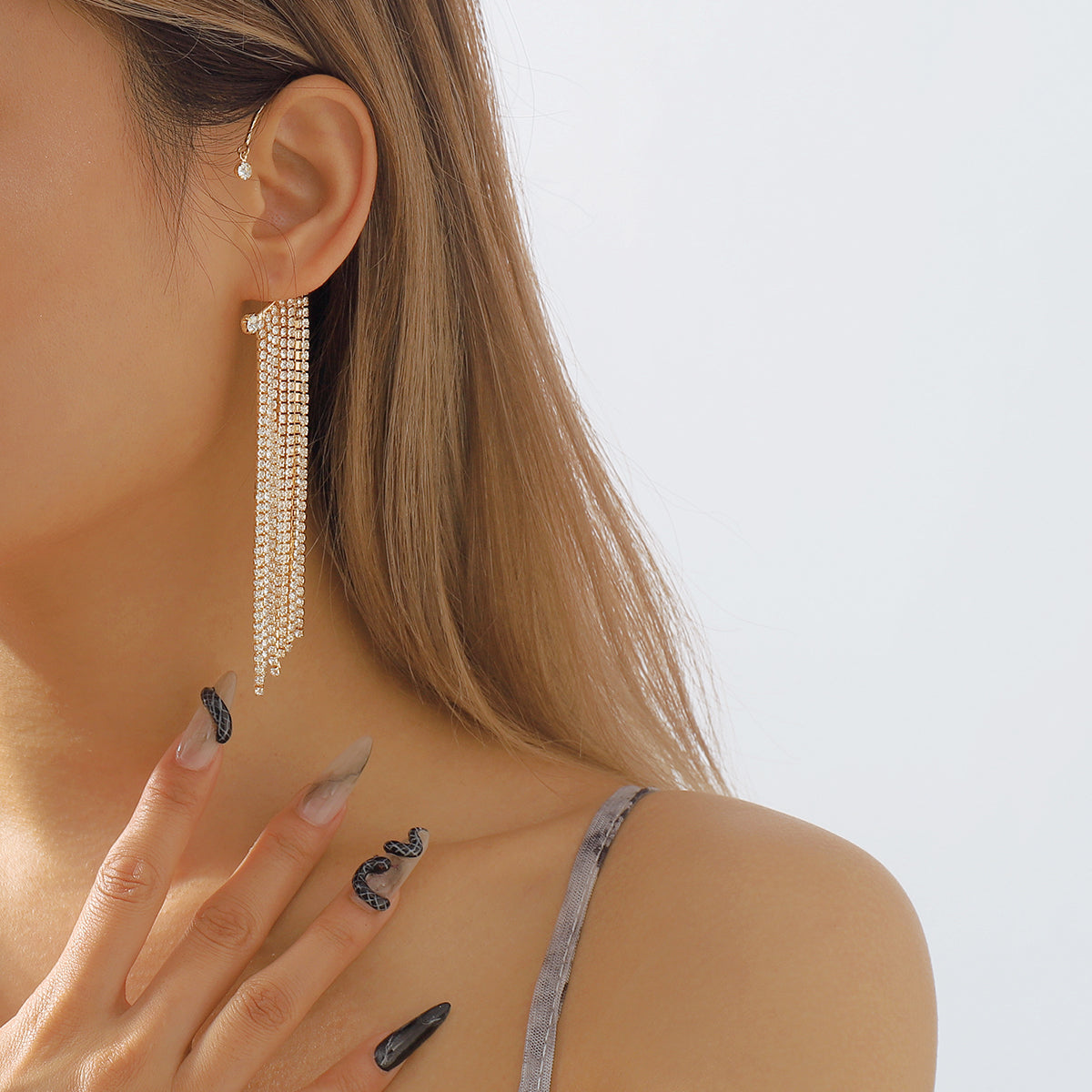 E11582 Long Tassel Rhinestone Ear Cuff Hanging Earrings
