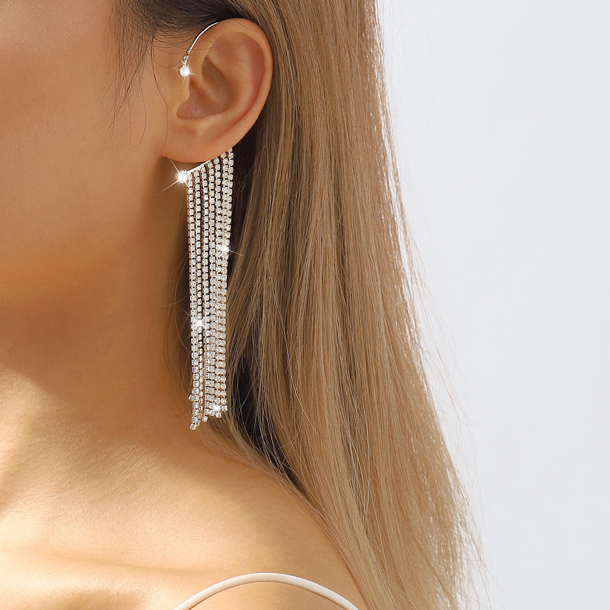 E11582 Long Tassel Rhinestone Ear Cuff Hanging Earrings