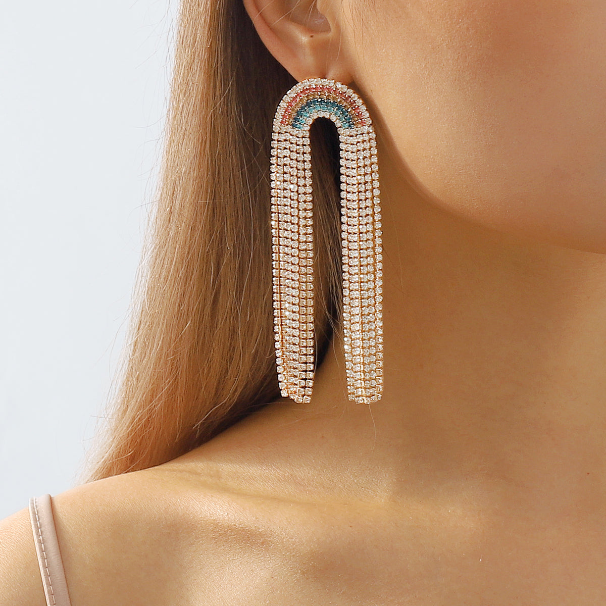E11665 Rainbow Long Tassel Claw Chain Drop Earrings
