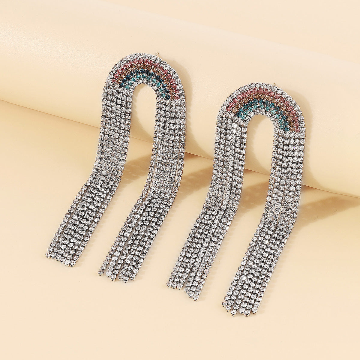 E11665 Rainbow Long Tassel Claw Chain Drop Earrings