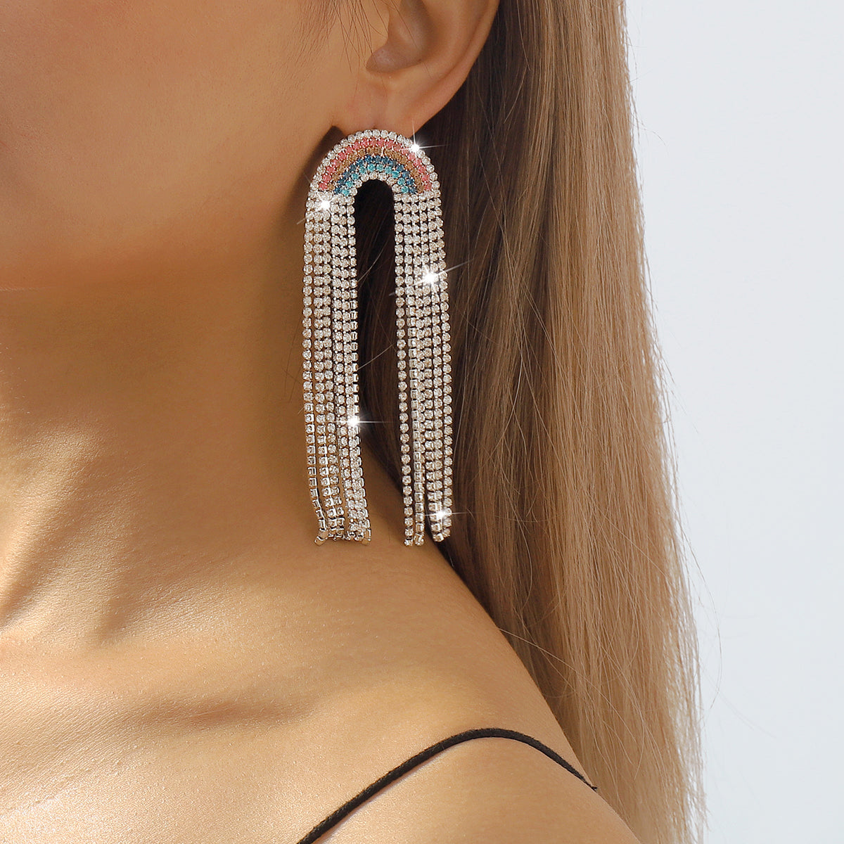 E11665 Rainbow Long Tassel Claw Chain Drop Earrings