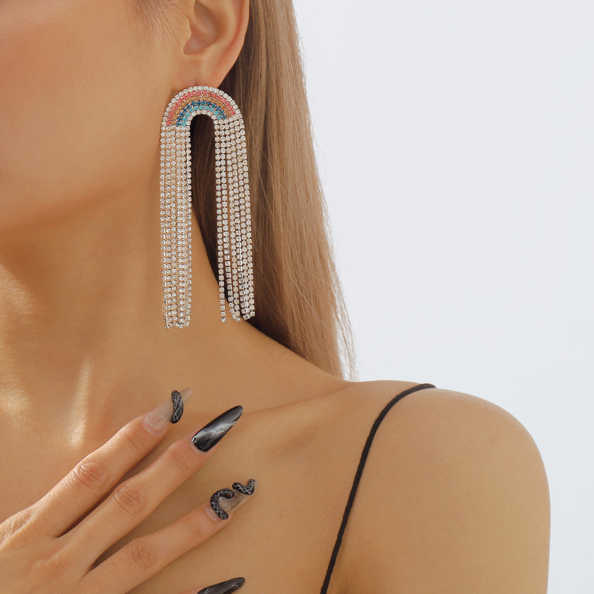 E11665 Rainbow Long Tassel Claw Chain Drop Earrings