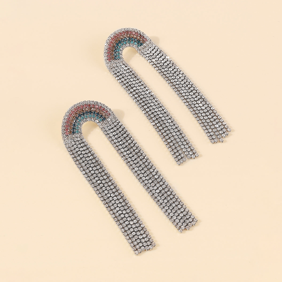 E11665 Rainbow Long Tassel Claw Chain Drop Earrings
