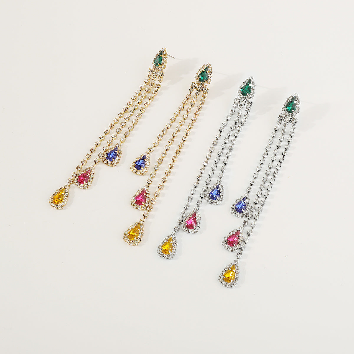 E11732 Long Tassel Colorful Rhinestone Drop Earrings
