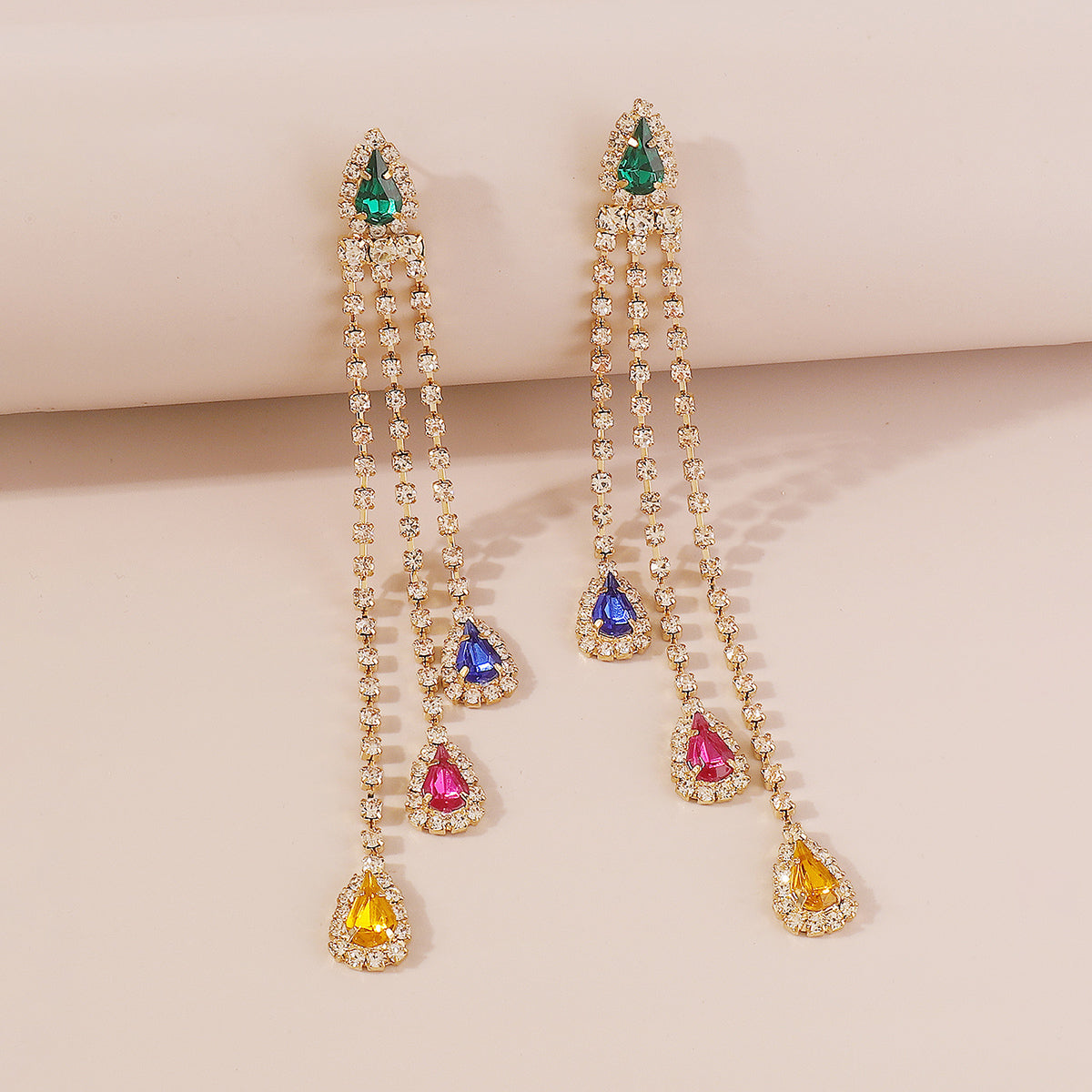 E11732 Long Tassel Colorful Rhinestone Drop Earrings