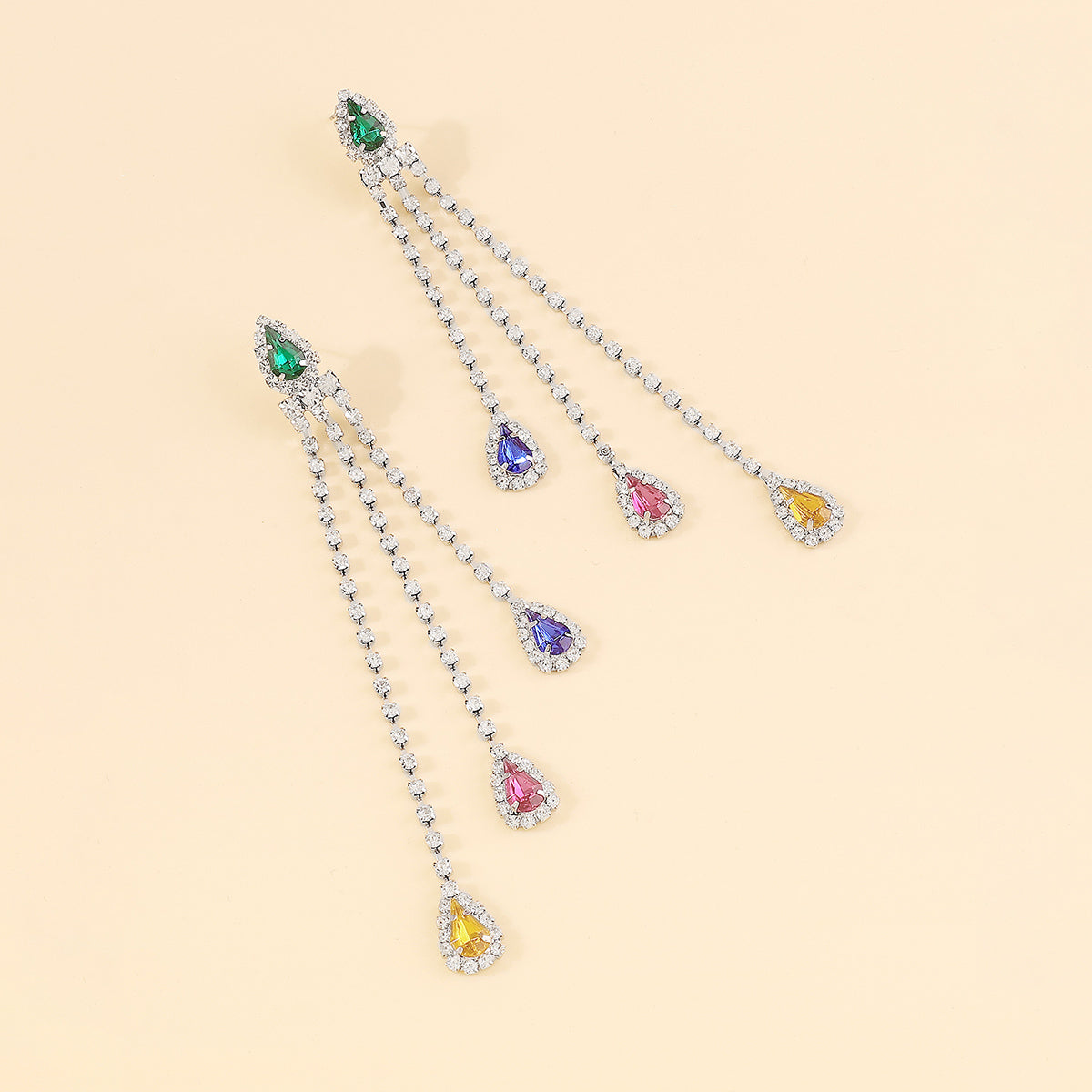 E11732 Long Tassel Colorful Rhinestone Drop Earrings