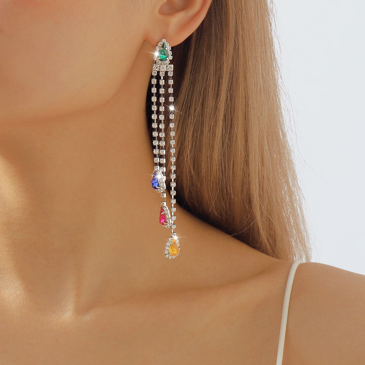 E11732 Long Tassel Colorful Rhinestone Drop Earrings