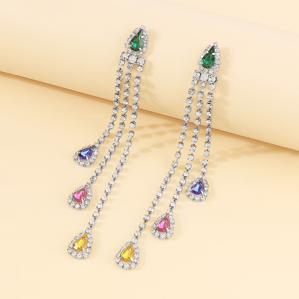 E11732 Long Tassel Colorful Rhinestone Drop Earrings