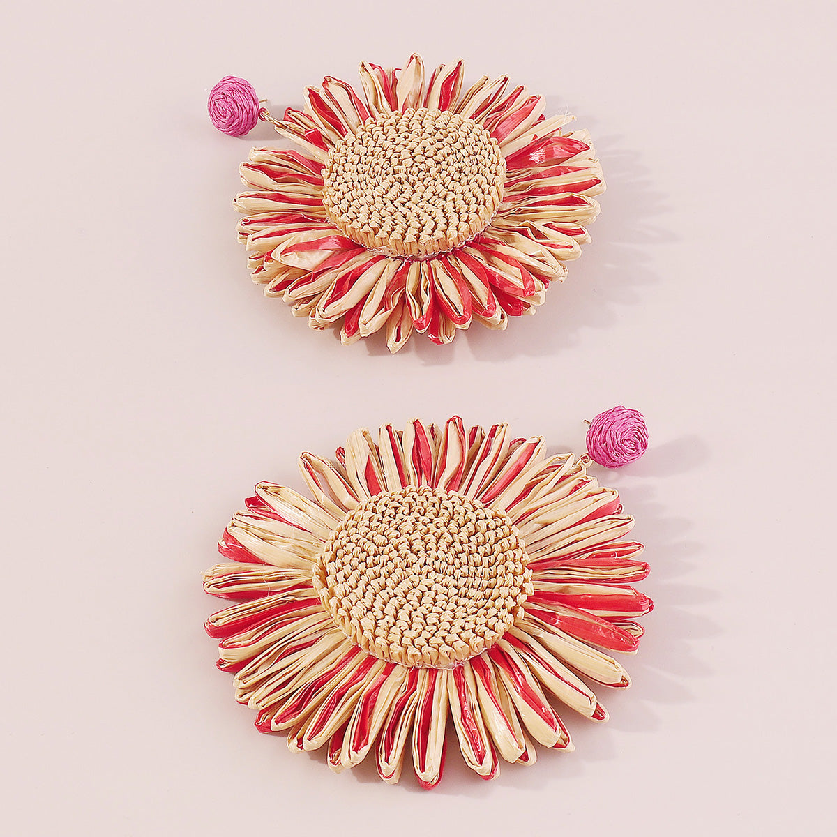 E11750 Boho Large Raffia Sunflower Drop Earrings