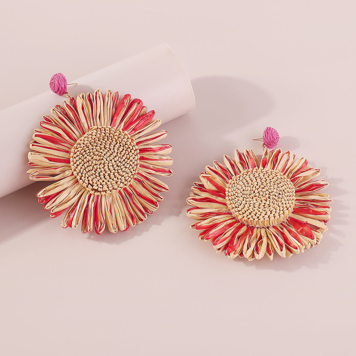 E11750 Boho Large Raffia Sunflower Drop Earrings
