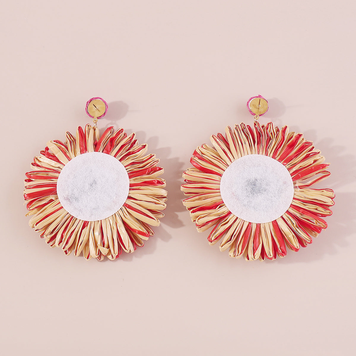 E11750 Boho Large Raffia Sunflower Drop Earrings