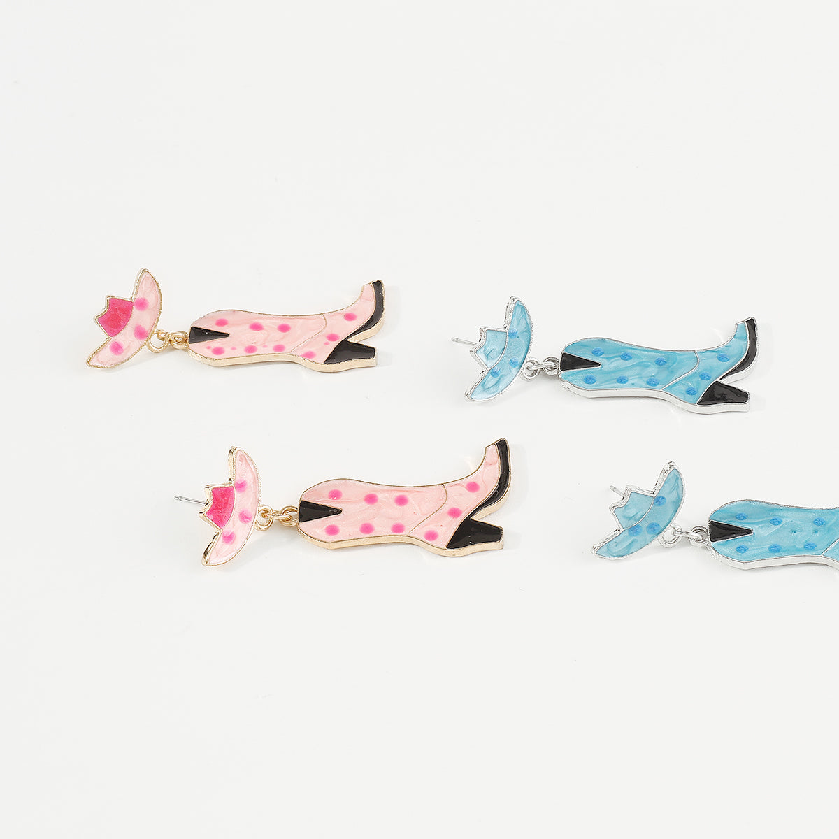 E11816 Pink & Blue Enamel Cowboy Boots Drop Earrings