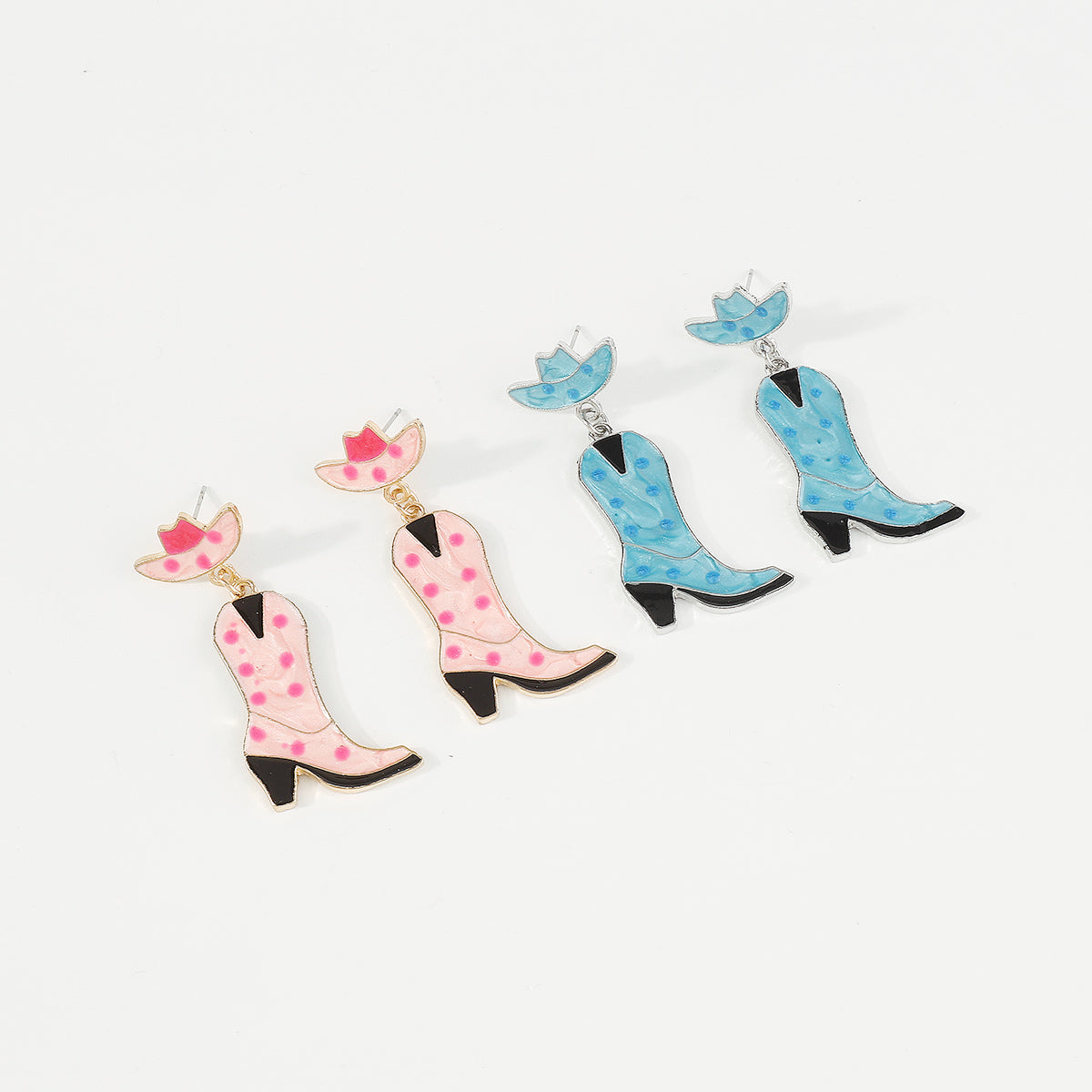 E11816 Pink & Blue Enamel Cowboy Boots Drop Earrings