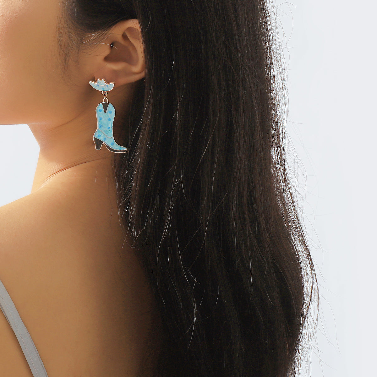 E11816 Pink & Blue Enamel Cowboy Boots Drop Earrings