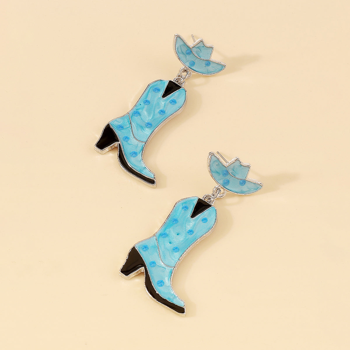 E11816 Pink & Blue Enamel Cowboy Boots Drop Earrings