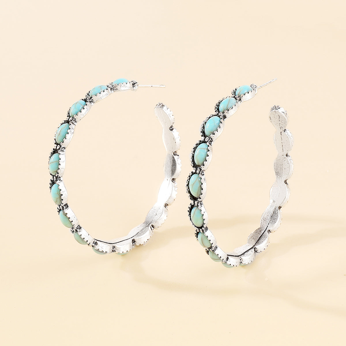 E11867 Western Blue Turquoise Hoop Earrings