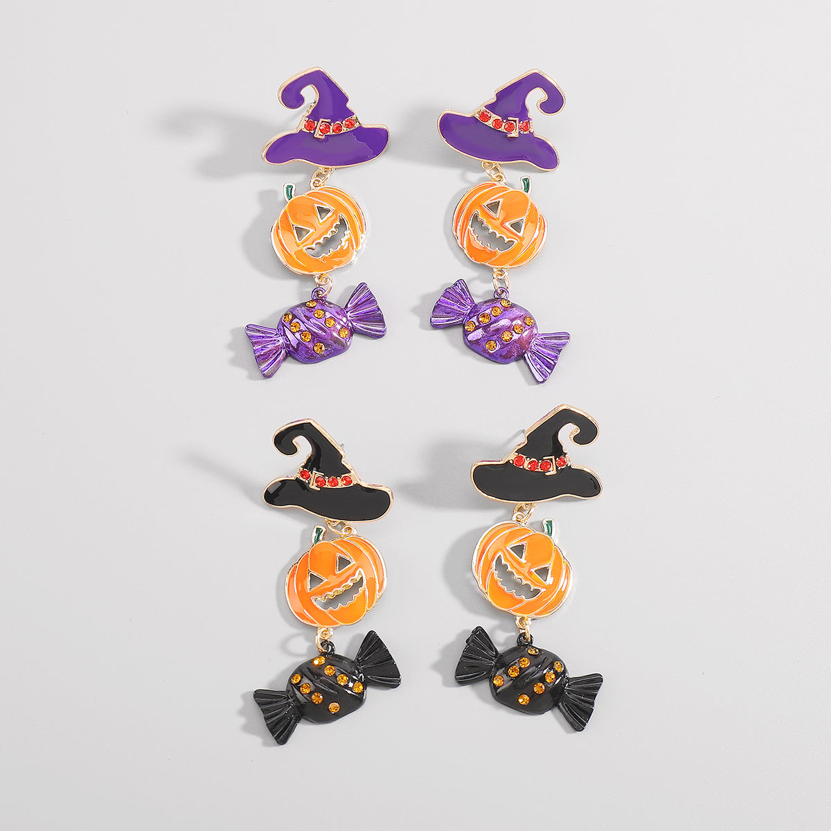 E11953 Halloween Hat Pumpkin Candy Dangle Earrings