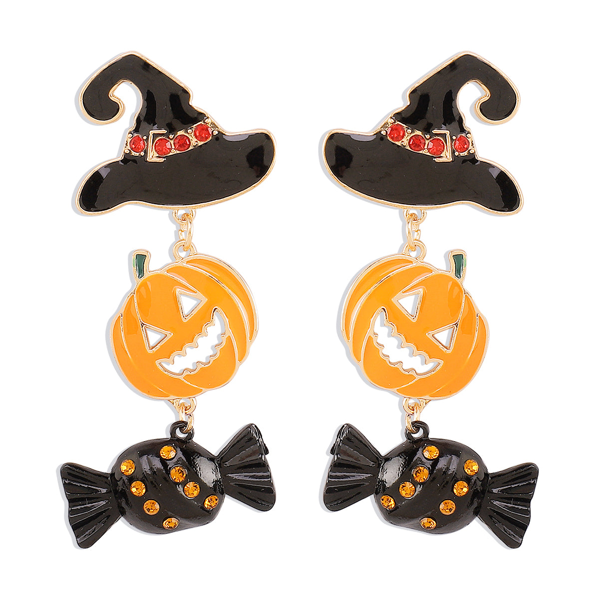 E11953 Halloween Hat Pumpkin Candy Dangle Earrings