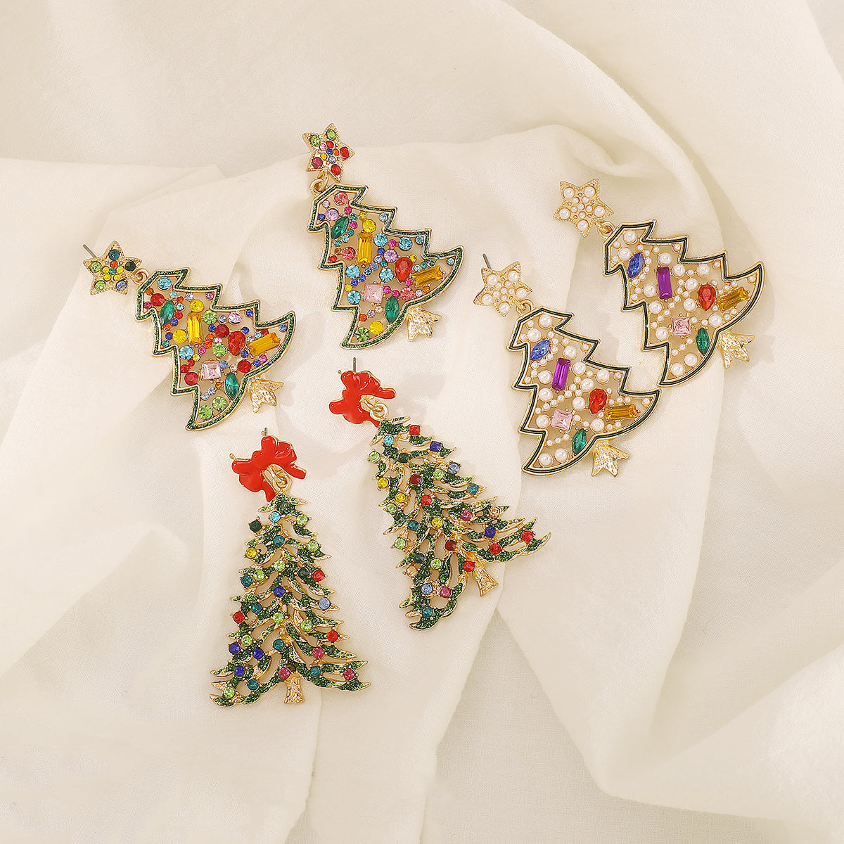E12061 Colored Rhinestone Christmas Tree Dangle Earrings