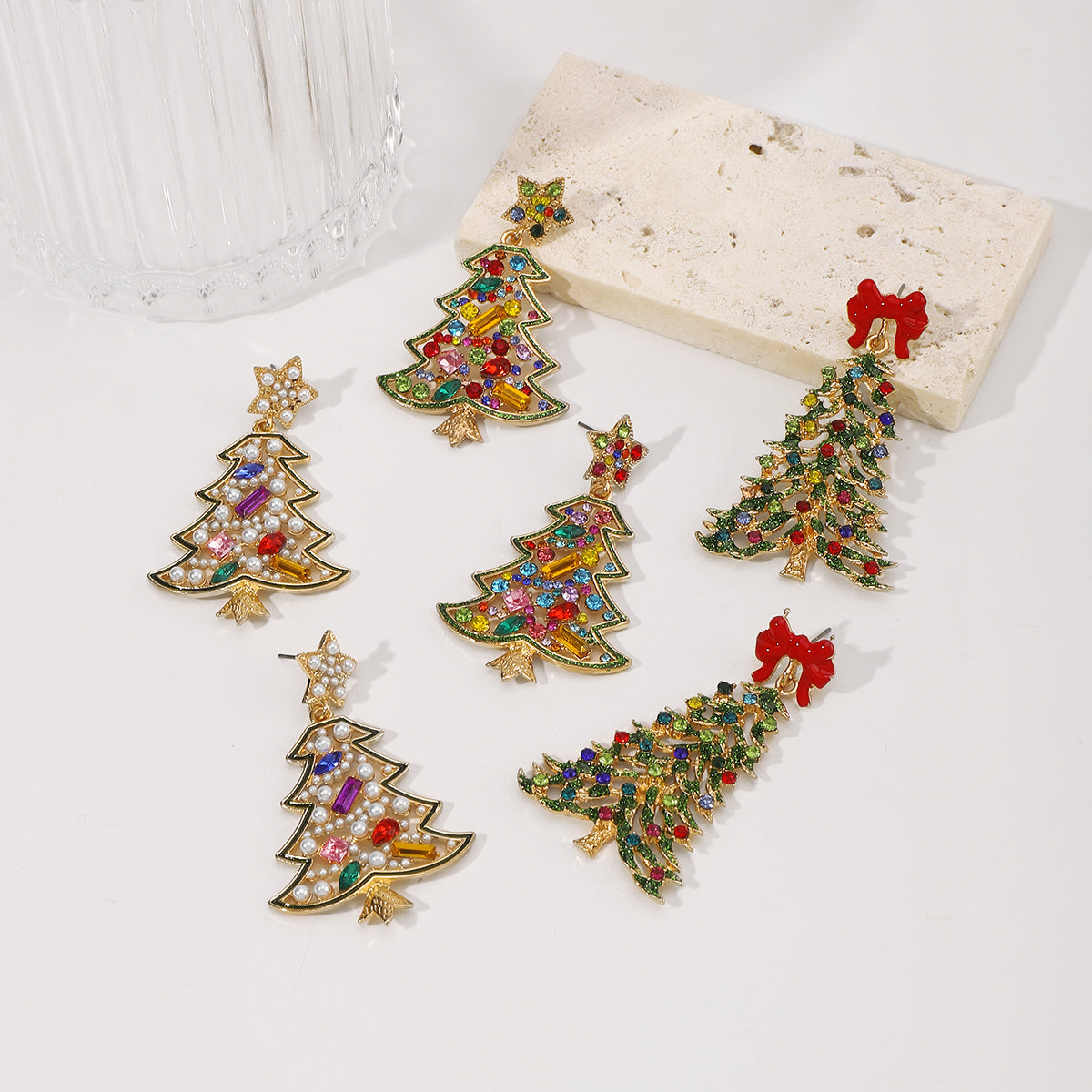 E12061 Colored Rhinestone Christmas Tree Dangle Earrings
