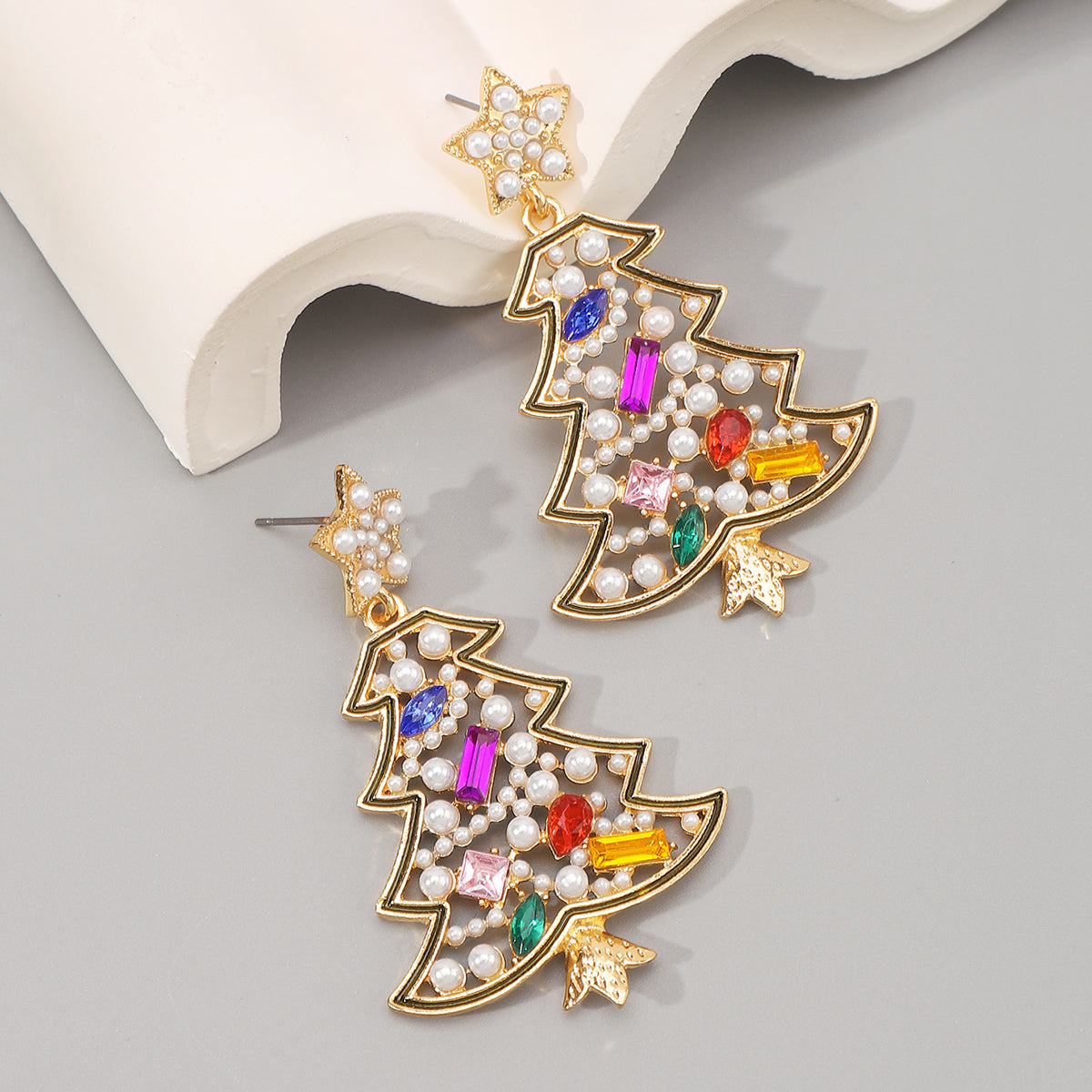 E12061 Colored Rhinestone Christmas Tree Dangle Earrings