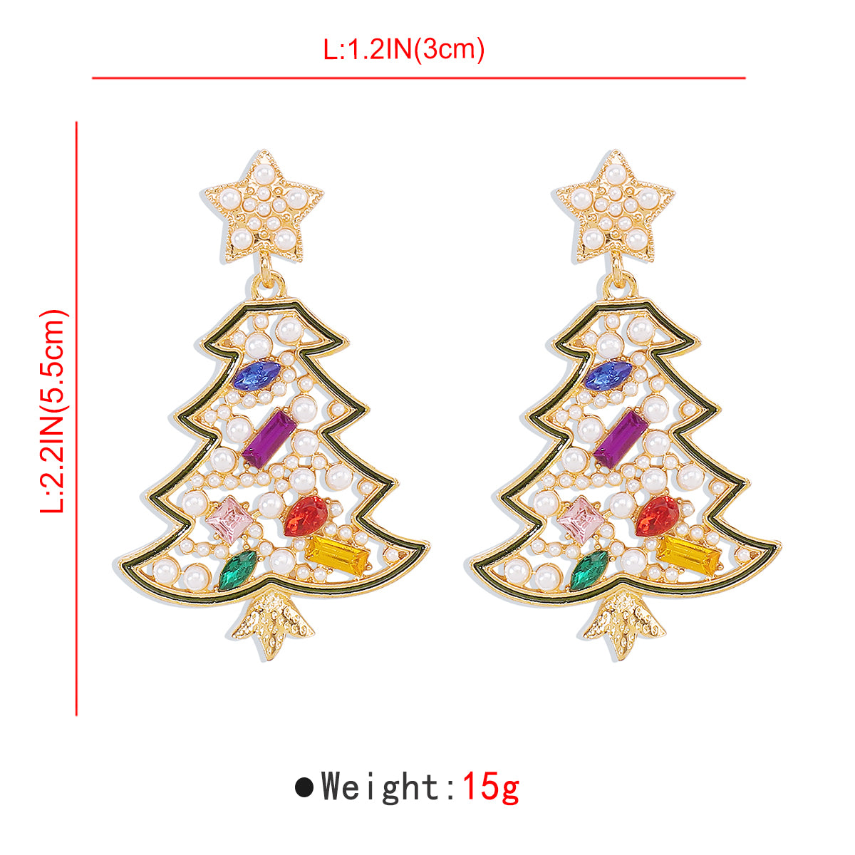 E12061 Colored Rhinestone Christmas Tree Dangle Earrings